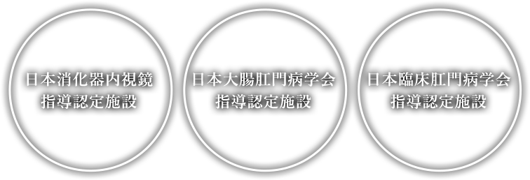 日本消化器内視鏡指導認定施設　日本大腸肛門病学会指導認定施設　日本床肛門病学会指導認定施設